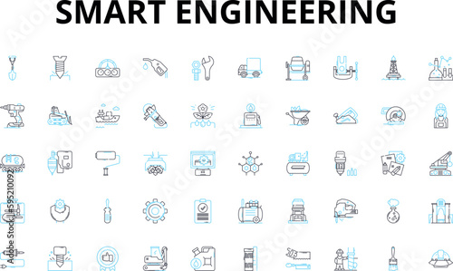 Smart engineering linear icons set. Optimization, Innovation, Automation, Precision, Sustainability, Integration, Efficiency vector symbols and line concept signs. Robotics,Streamlining,Intelligence