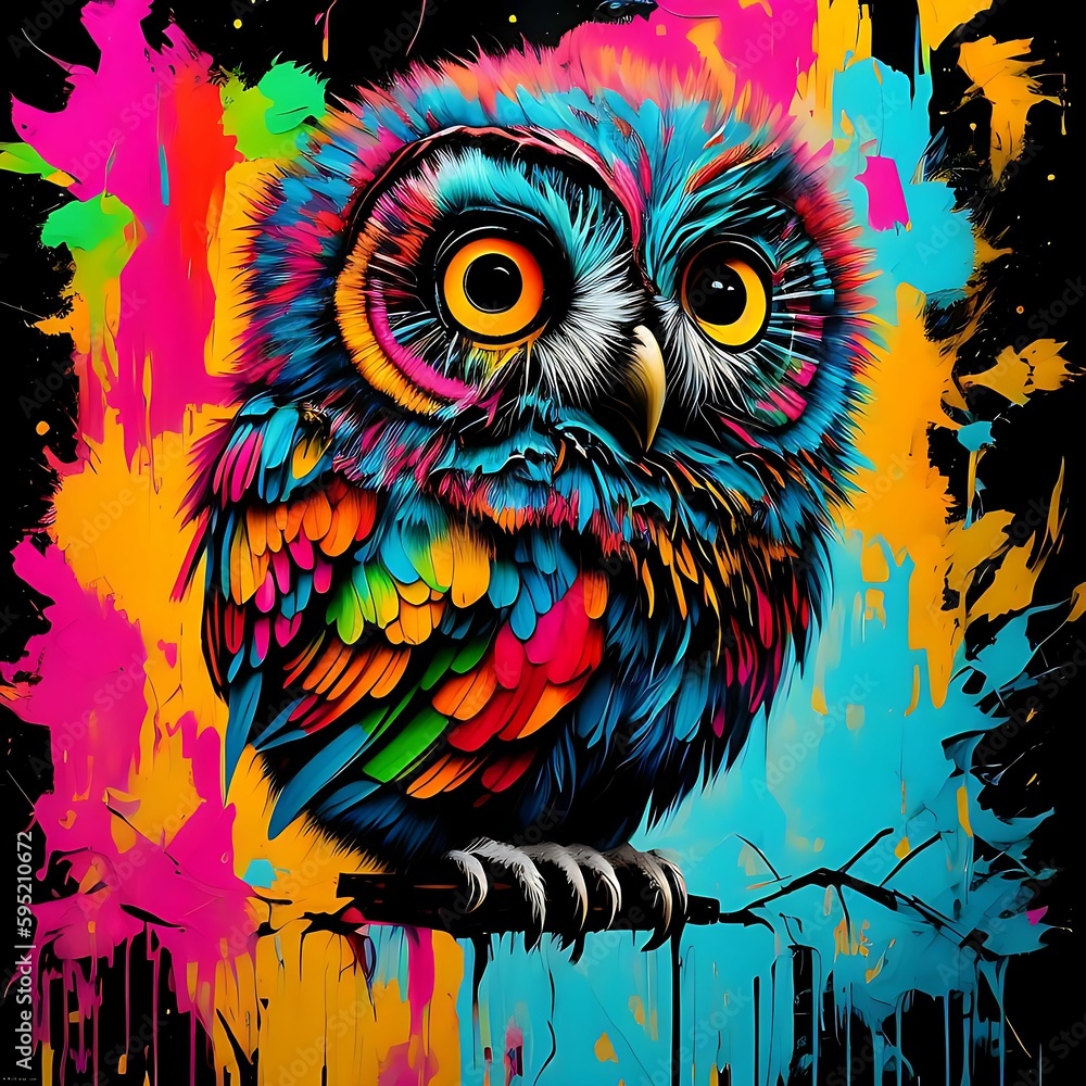 Obraz premium A colorful owl is depicted in the form of paint splashes 3d illustration,genarative AI