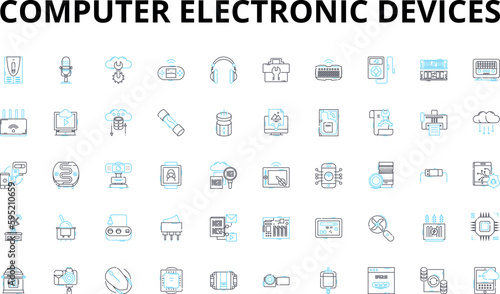 Computer electronic devices linear icons set. Laptop, Desktop, Tablet, Smartph, Server, Router, Modem vector symbols and line concept signs. Keyboard,Mouse,Headset illustration