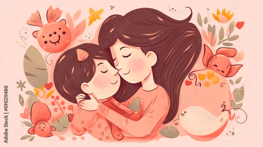 Illustration of a mother and daughter hugging Illustration of a mother and daughter hugging