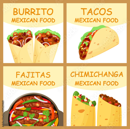 A set of posters with Mexican food. Latin American cuisine.
