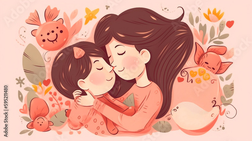 Illustration of a mother and daughter hugging