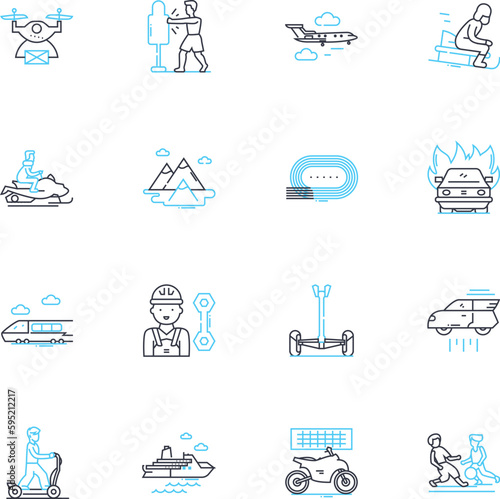 Fun pursuit linear icons set. Adventure, Joy, Recreation, Thrill, Excitement, Laughter, Playtime line vector and concept signs. Hilarity,Amusement,Entertainment outline illustrations