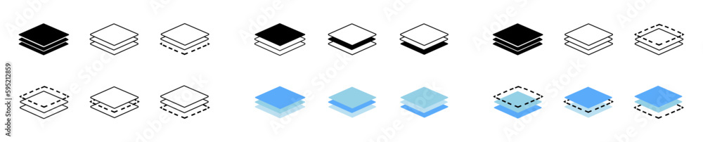Layer icon. Stack logo. Blue, black, line layer icons for paper, carpet, floor and level. 3 layers. Pictogram symbols for architecture. Design technology. Tier depth. Layer icon. Stack logo. Blue, black, line layer icons for paper, carpet, floor and level. 3 layers. Pictogram symbols for architecture. Design technology. Tier depth.