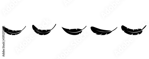 Bird feathers of different shapes, black feathers, icon Set. Bird feather of different shapes vector icons. Feathered silhouette. EPS 10