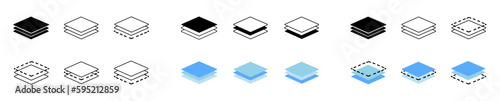 Layer icon. Stack logo. Blue, black, line layer icons for paper, carpet, floor and level. 3 layers. Pictogram symbols for architecture. Design technology. Tier depth.