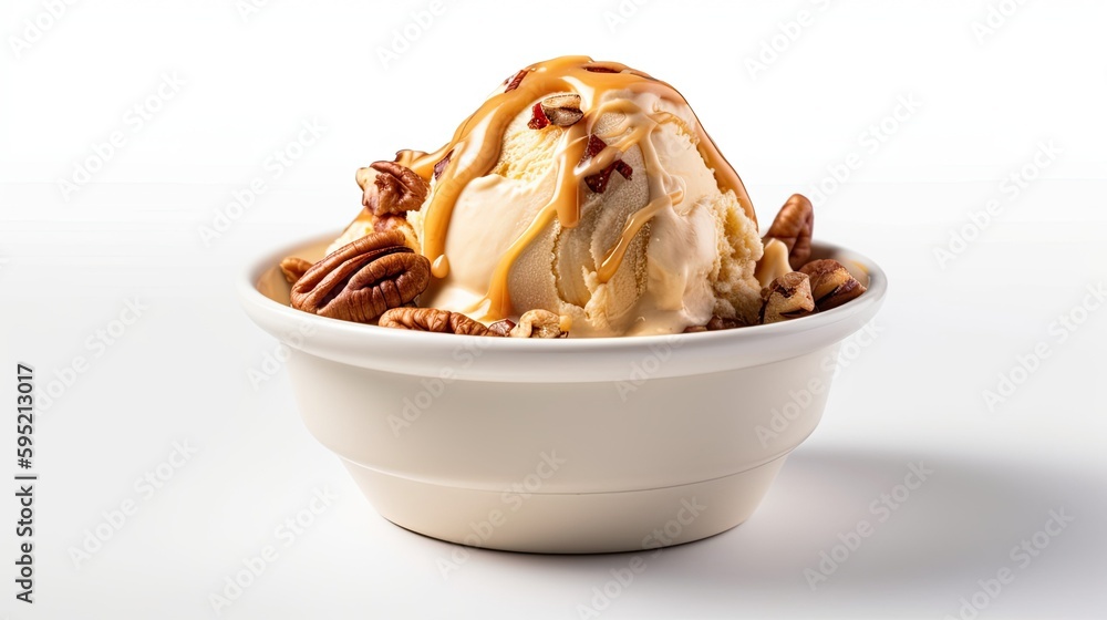 Butter pecan praline ice cream in a bowl with pecans, caramel swirls