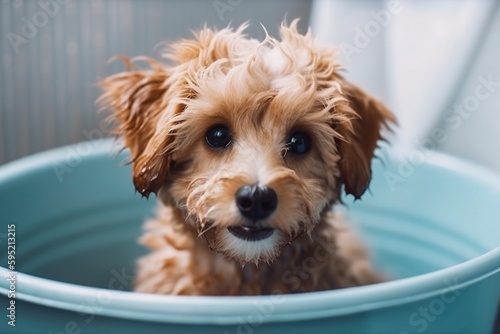 Cute dog in the bathtub, created with generative AI