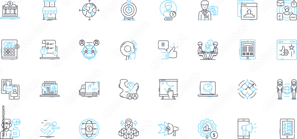 Advertising strategy linear icons set. Branding, Market segmentation, Target audience, Campaign, Creative, Consumer behavior, Positioning line vector and concept signs. Content,Integration,Messaging Advertising strategy linear icons set. Branding, Market segmentation, Target audience, Campaign, Creative, Consumer behavior, Positioning line vector and concept signs. Content,Integration,Messaging