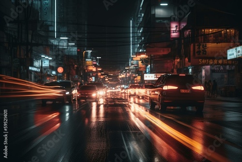 Blurry road at night creating a motion circuit effect. Generative AI