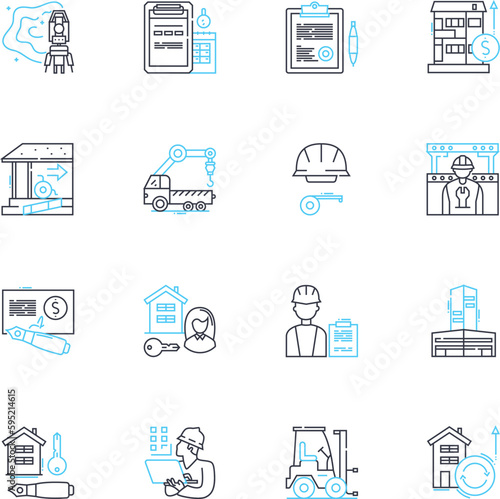Construction crew linear icons set. Builders, Carpenters, Contractors, Roofers, Engineers, Masons, Electricians line vector and concept signs. Plumbers,Welders,Laborers outline illustrations
