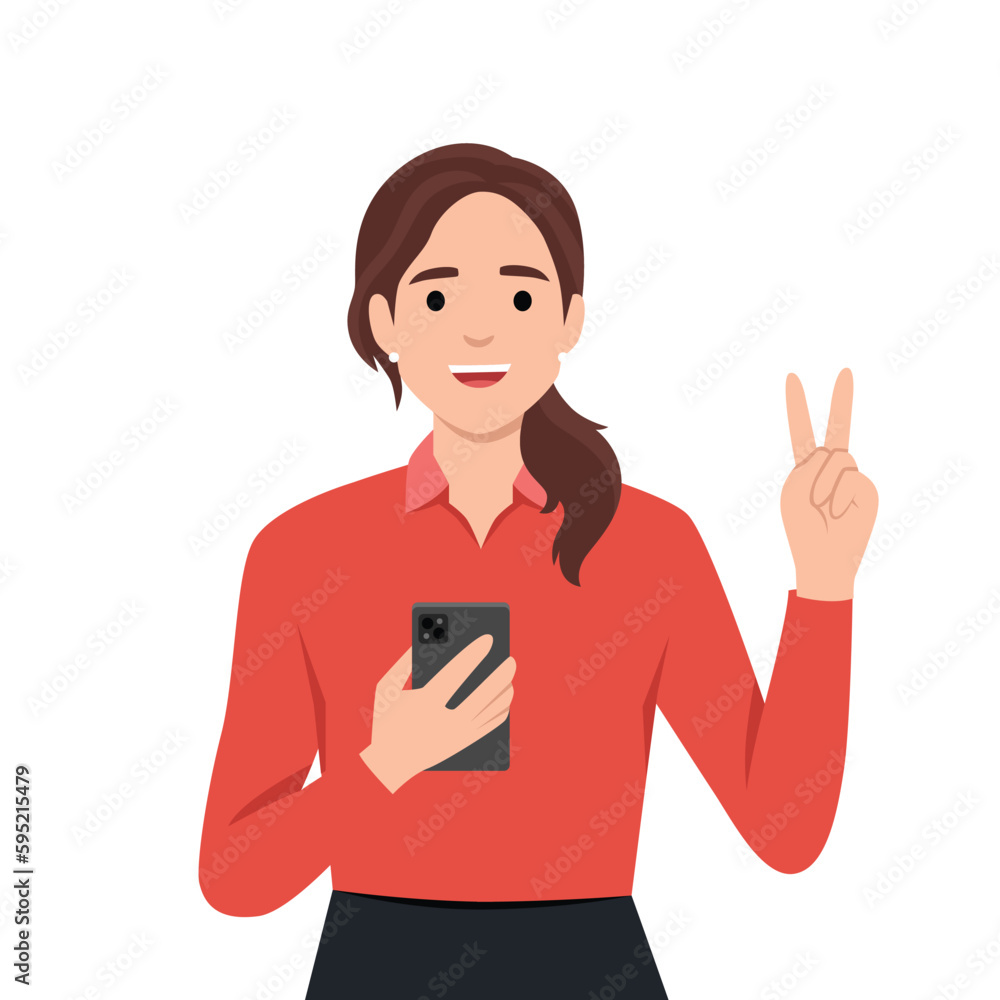 Young woman with phone shows peace sign Young woman with phone shows peace sign