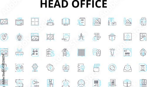 Head office linear icons set. Headquarters, Corporate, Main, Center, Administrative, Management, Control vector symbols and line concept signs. Command,Oversight,Supervision illustration