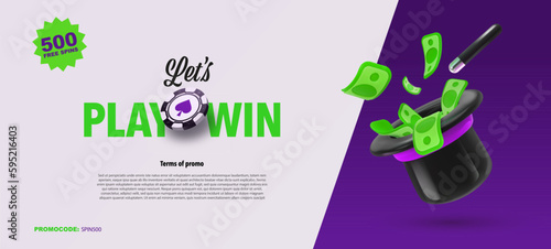 Win prize. 3d magic hat with paper money explosion out vector illustration. Casino gambling game leaflet brochure advertising.