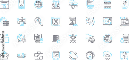 Virtual organization linear icons set. Collaboration, Communication, Innovation, Efficiency, Flexibility, Globalization, Digitalization line vector and concept signs. Automation,Connectivity,Remote