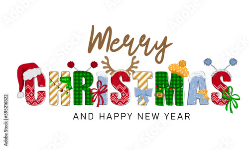 Merry christmas and happy new year. Hand drawn doodle text with Santa hat, antler and garlands. Christmas design for poster, banner, t shirt, card, flyer. Vector illustration