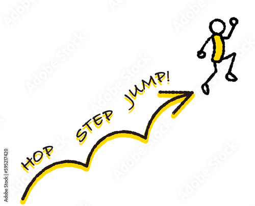 ステップアップ、レベルアップ、スキルアップ、ジャンプアップ・成長のイメージの矢印のイラスト・HOP-STEP-JUMPの文字・黄色