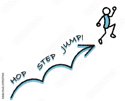 ステップアップ、レベルアップ、スキルアップ、ジャンプアップ・成長のイメージの矢印のイラスト・HOP-STEP-JUMPの文字・青