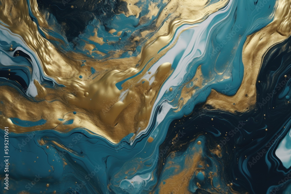Błękit morski i złoto - tapeta, tekstura - Sea blue and gold - wallpaper, texture - AI Generated - obrazy, fototapety, plakaty 