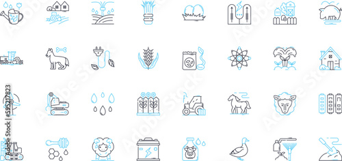 Livestock exposition linear icons set. Breeds, Competition, Exhibition, Cattle, Sheep, Goats, Swine line vector and concept signs. Horses,Poultry,Rabbits outline illustrations