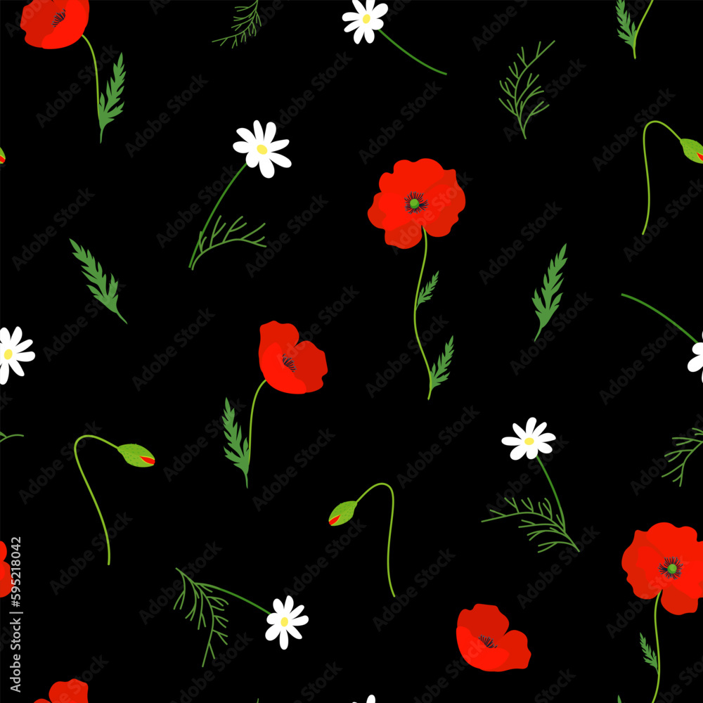 Poppy and chamomile flowers on a black background. Seamless vector pattern.