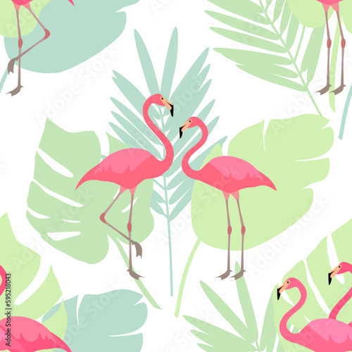 Pink flamingo with tropical leaves on a white background. Seamless vector pattern.