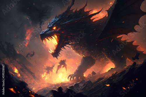 Fire breathes explode from a giant dragon in a black night, the epic battle evil concept art 