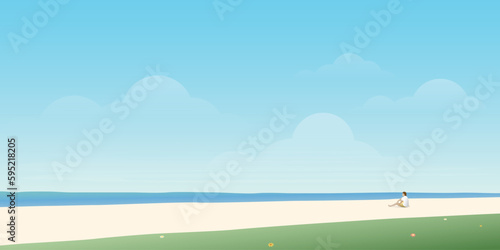 Seascape and blue sky have man sitting alone on the beach flat design. Tropical beach with blank space vector illustration. 
