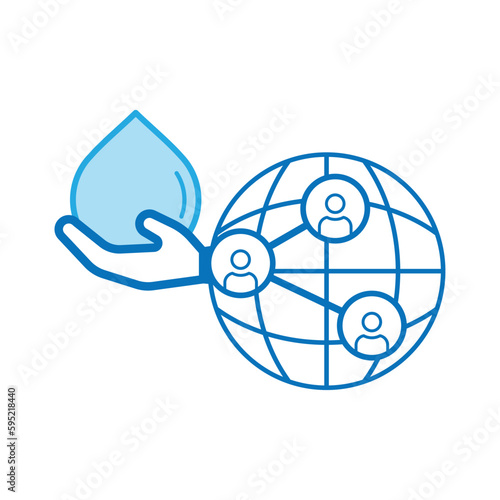Hand holding water drop merged with people share icon on globe symbol as a gimmick of sharing responsibility to save water. Vector illustration outline flat design style.