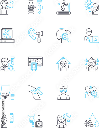 Disease management linear icons set. Prevention, Diagnosis, Treatment, Medication, Health, Wellness, Monitoring line vector and concept signs. Education,Compliance,Self-care outline illustrations