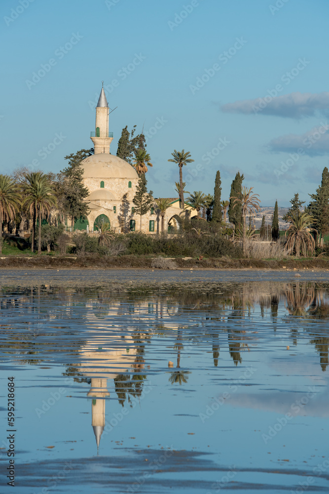 Hala Sultan Tekke  or Mosque of Umm Haram religious   muslim shrine at  Larnaca Salt Lake in Cyprus.