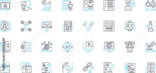 Worldwide sales linear icons set. Global, Export, Import, Commerce, Market, Trade, Revenue line vector and concept signs. Exportation,Distribution,Purchase outline illustrations