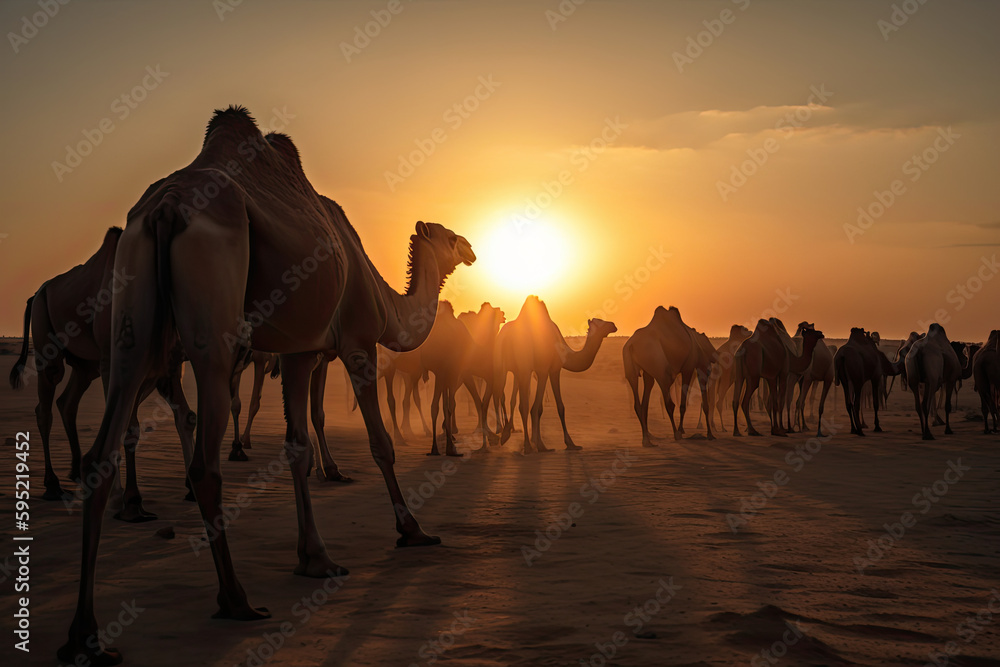 Camels in the desert during a sandstorm. Generative AI Camels in the desert during a sandstorm. Generative AI