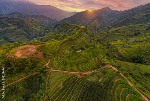 Sunset in Mu Cang Chai terraces, Vietnam.  photo