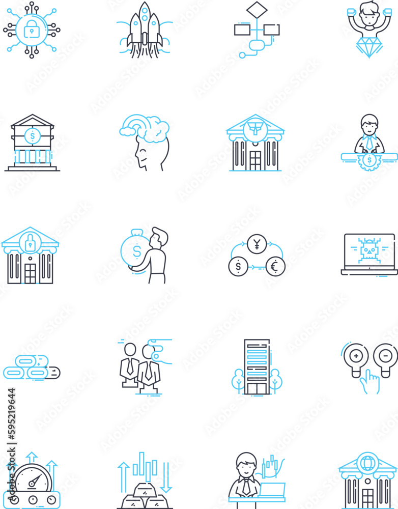 E-commerce company linear icons set. Shipping, Inventory, Marketing, Payments, Social, Returns, Cart line vector and concept signs. Security,Mobile,Reviews outline illustrations
