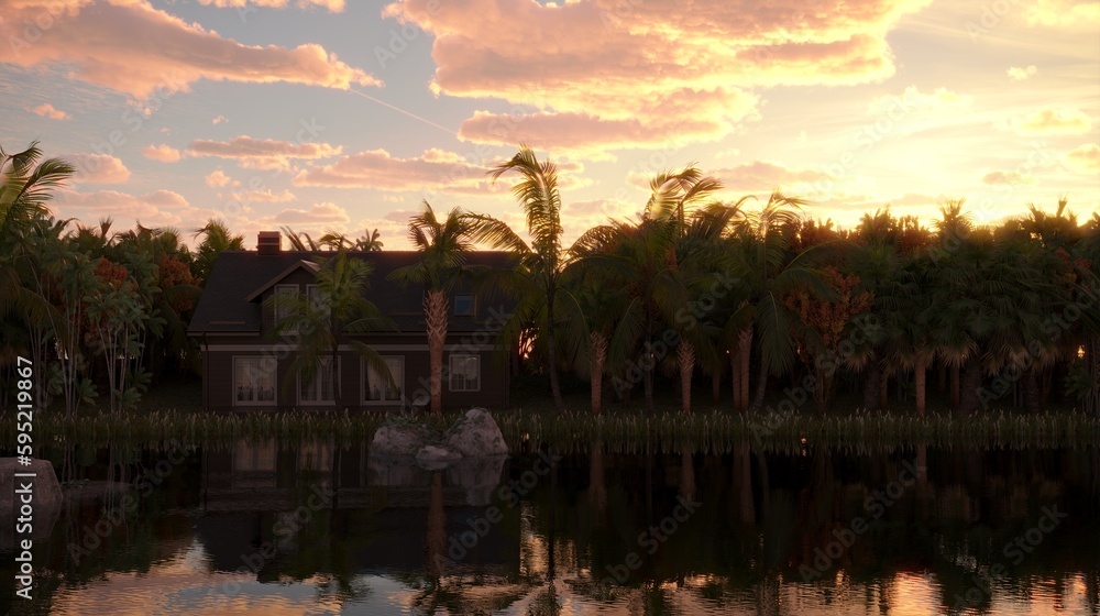 Fototapeta premium house in the jungle on the river bank, 3D illustration, cg render