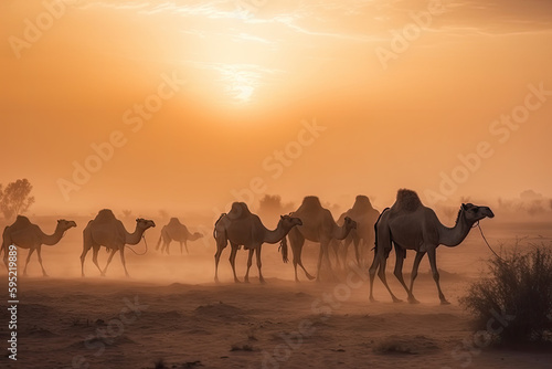 Camels in the desert during a sandstorm. Generative AI