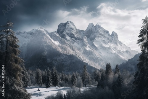 Snowy Wetterstein mountain range in winter. Generative AI © Elina