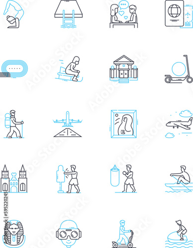 Fitness routine linear icons set. Flexibility, Endurance, Strength, Cardio, Agility, Power, Balance line vector and concept signs. Coordination,Core,Muscles outline illustrations