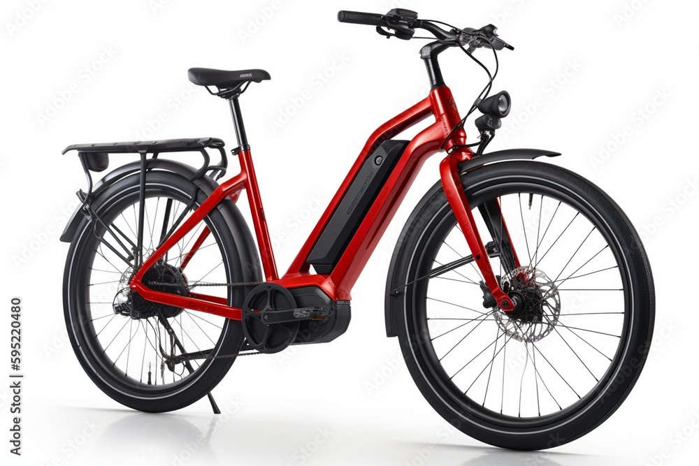 Innovative mid-drive red e-bike with battery-powered electric engine for city touring or trekking. Isolated on white background. Generative AI