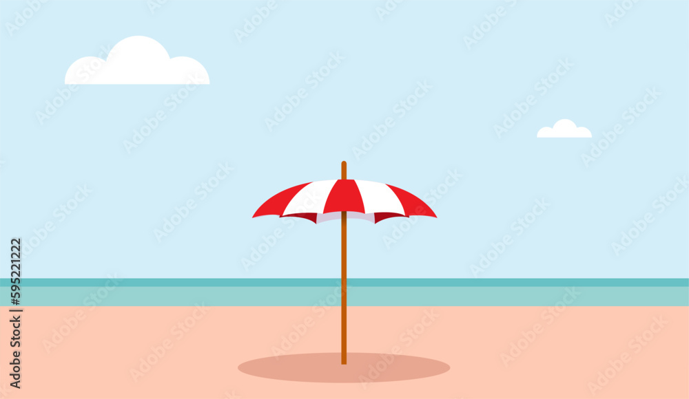 Umbrella on the desertic beach with pink sand. Hello summer card. Vector illustration with copy space