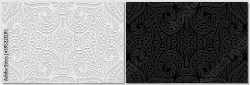 Black and white banners, cover design set, unique vector templates. Geometric volumetric fantasy ethnic 3D pattern, boho. Oriental, Indonesian, Mexican, Aztec style.