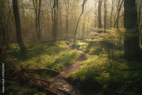 Sun-drenched woods in springtime, tranquil and still. Generative AI © Juan