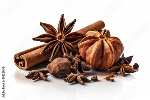 Cinnamon and star anise isolated on white background with transparent PNG. Generative AI