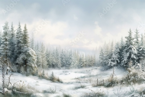 Watercolor illustration of a snowy forest with a panoramic landscape, seamless pattern with transparent background. Generative AI © Juan