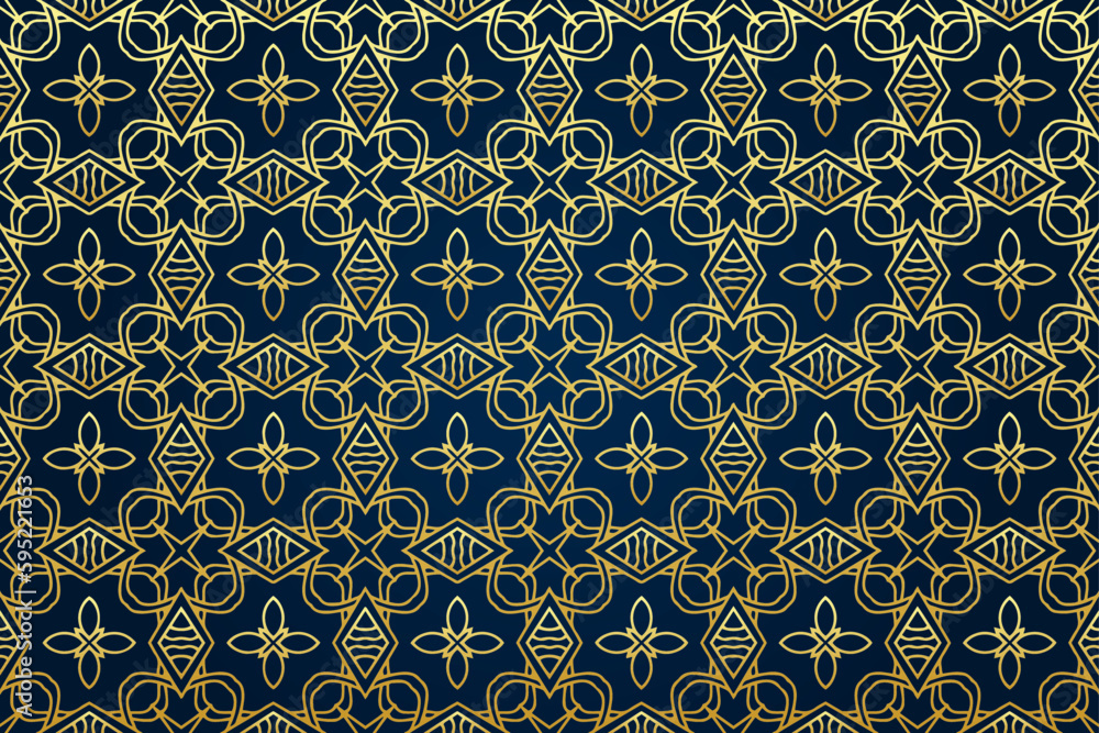 Festive blue background with islamic, persian, indian pattern, arabesque, arabic geometric gold texture. Stained glass style, ethnic oriental patterns, tribal decorative ornaments, doodle.