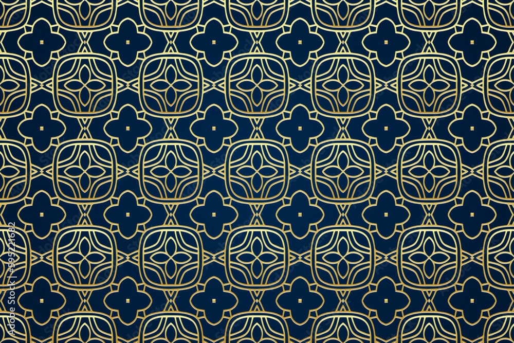 Festive blue background with islamic, persian, indian pattern, arabesque, arabic geometric gold texture. Stained glass style, ethnic oriental patterns, tribal artistic ornaments, doodle.
