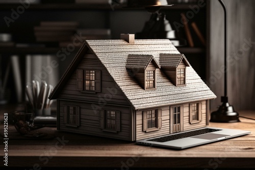 3D house model on laptop displayed on real estate contracts. Generative AI