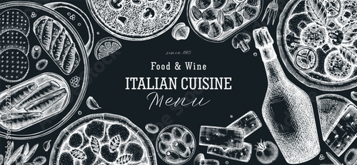  Italian food and drinks vector background. Hand drawn pizza, pasta, prosecco, risotto frame on chalkboard. Mediterranean cuisine ingredients illustrations. Vintage restaurant menu design template.