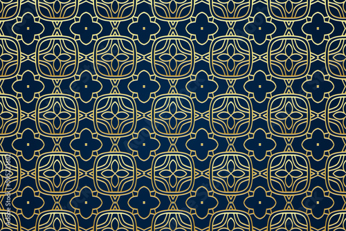 Festive blue background with islamic  persian  indian pattern  arabesque  arabic geometric gold texture. Stained glass style  ethnic oriental patterns  tribal artistic ornaments  doodle. 